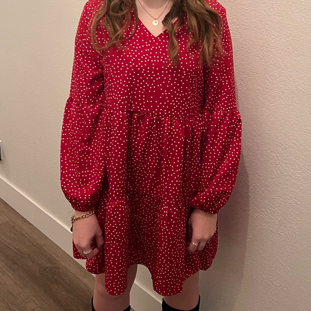 Red and white polka dot tiered dress, size small